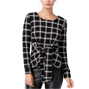 Bar III S Black White Windowpane Plaid Tie Front Long Sleeve Blouse Top